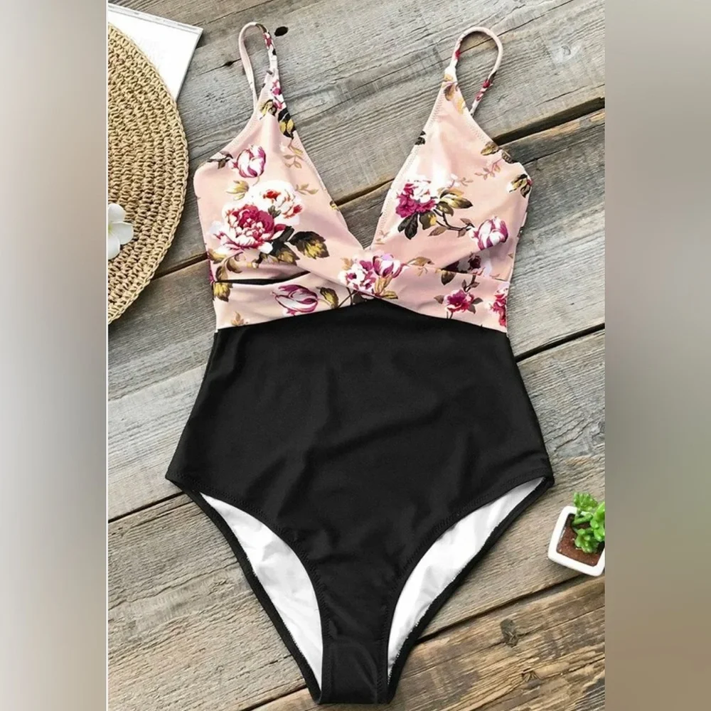 Cupshe Pink Blossom Floral V Neck High Leg One Piece Swimsuit - Picture 1 of 6